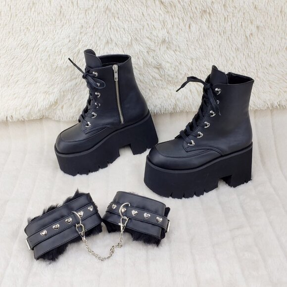 Goth Punk Platform Ankle Boots Furry Chain Cuff 57 - Picture 15 of 16